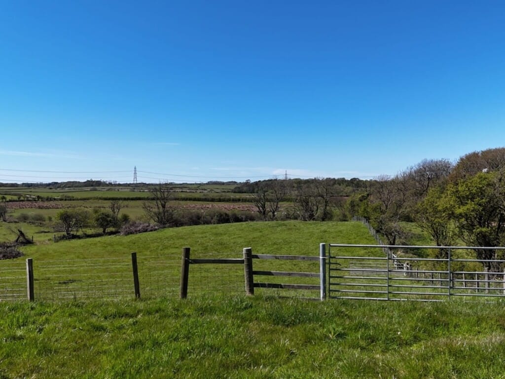 A rural fence with a grassy field behind